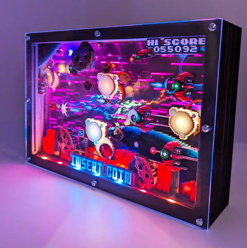 LED Animated 3D Pixel Art - Arcade Shoot-em-up. Customisable Shadow Box